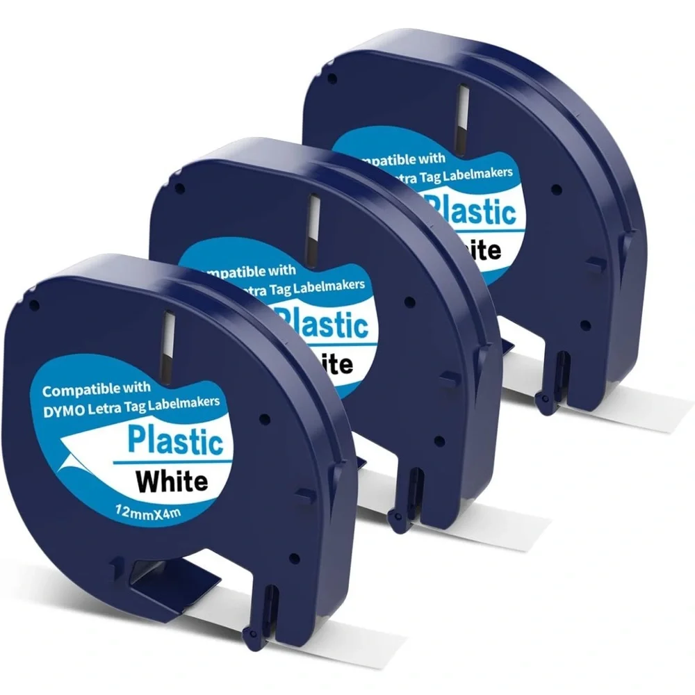 3 Plastic White Label Tape Replacement for Dymo Letratag Refills 12mm x 4m